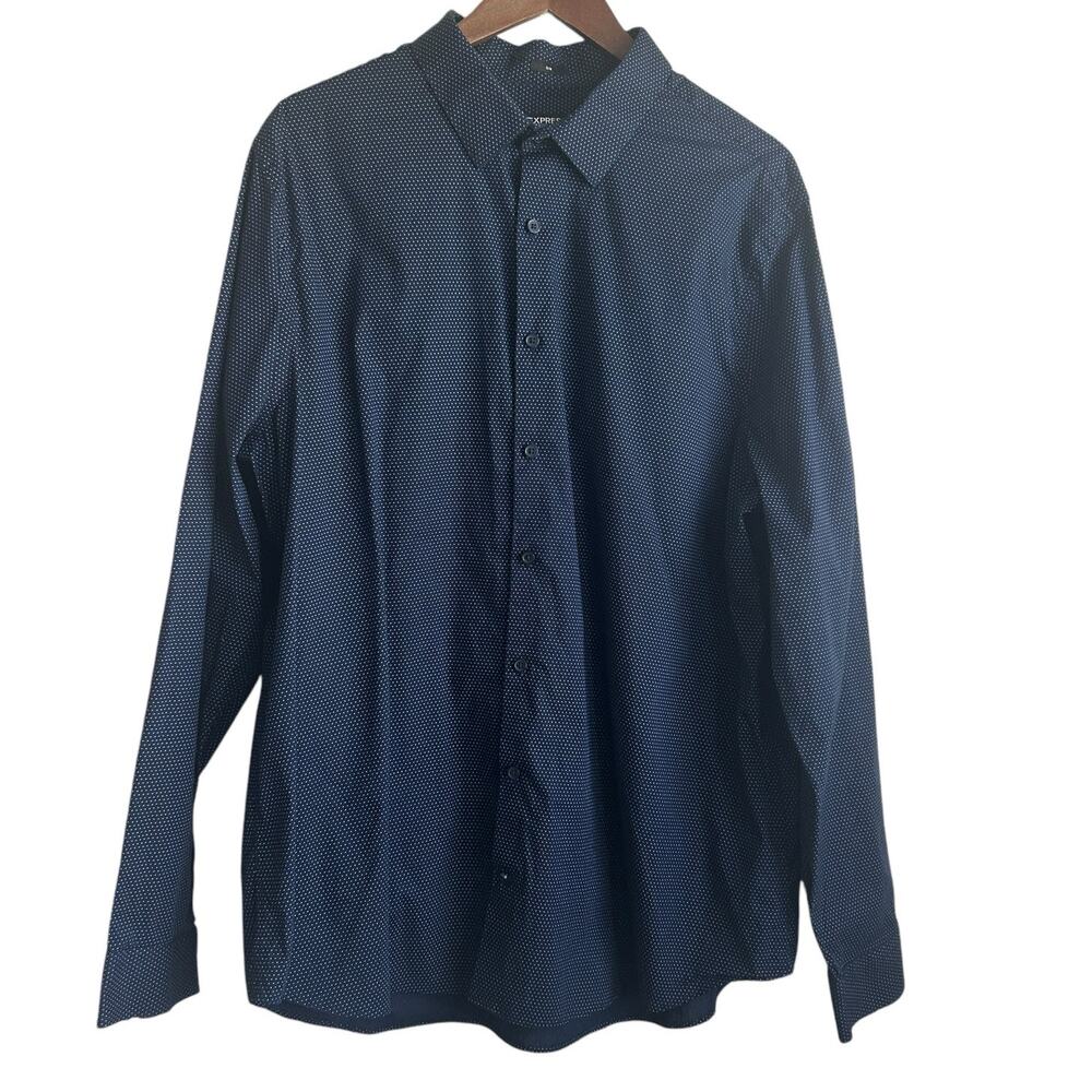 Express‎ Mens Slim Shirt XXL Navy Micro Dot Print Button Up Preppy Office Travel